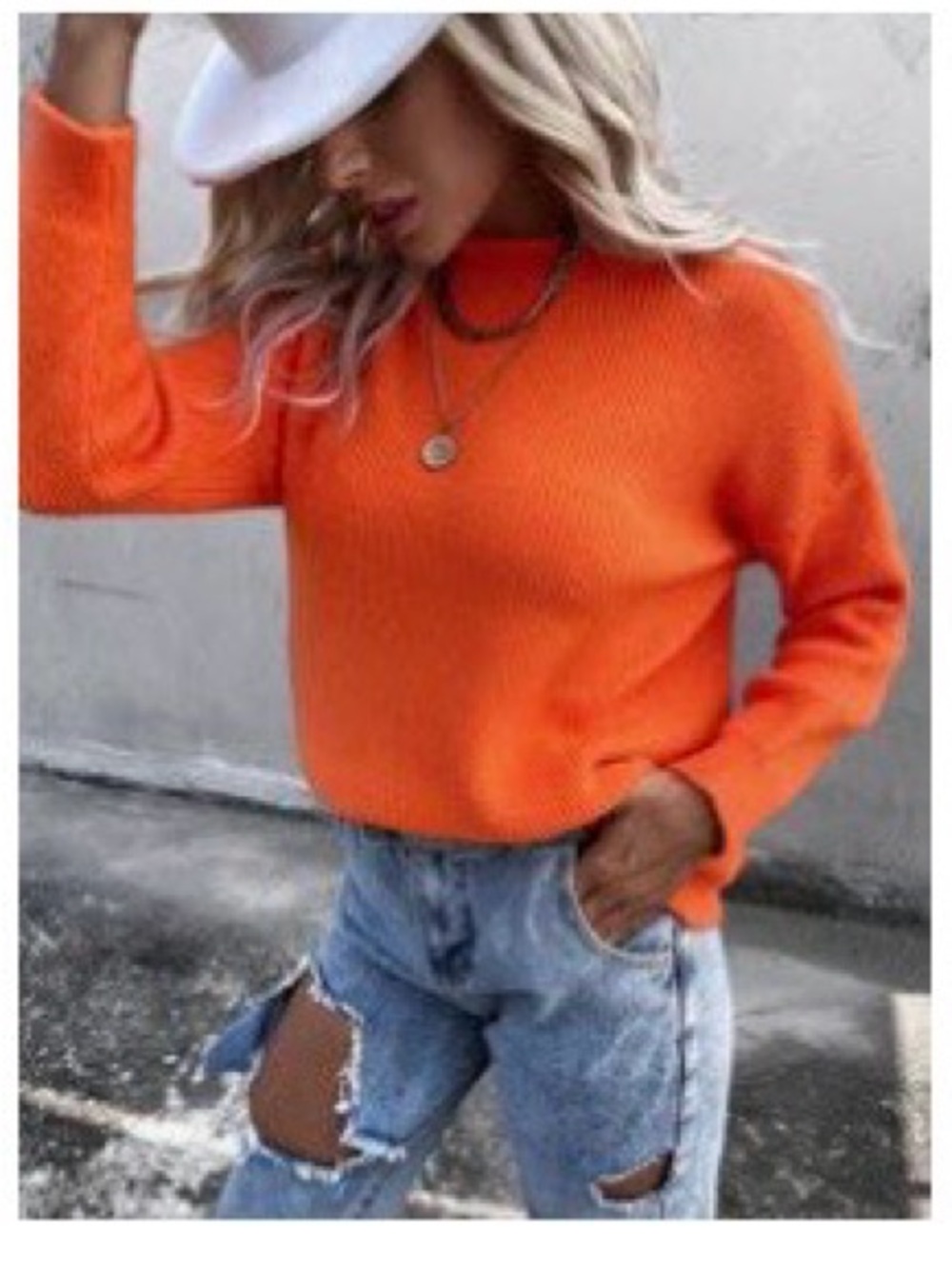 SHEIN Orange Solid Ribbed Knit Drop Shoulder Sweater